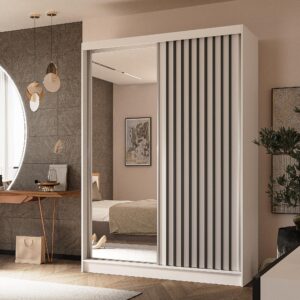 wohnli-moebel-suche-800001124265-1 SCHWEBETÜRENSCHRANK Cabinio Weiß Schwarz 150/216/61 cm – mit Spiegel und Lamellen Holzwerkstoff AX Living Möbel > Schränke > Kleiderschränke > Schwebetürenschränke Weiß