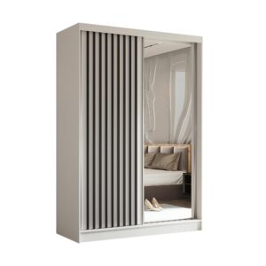 wohnli-moebel-suche-800001124265 Wohnli Möbelsuche - SCHWEBETÜRENSCHRANK Cabinio Weiß Schwarz 150/216/61 cm – mit Spiegel und Lamellen