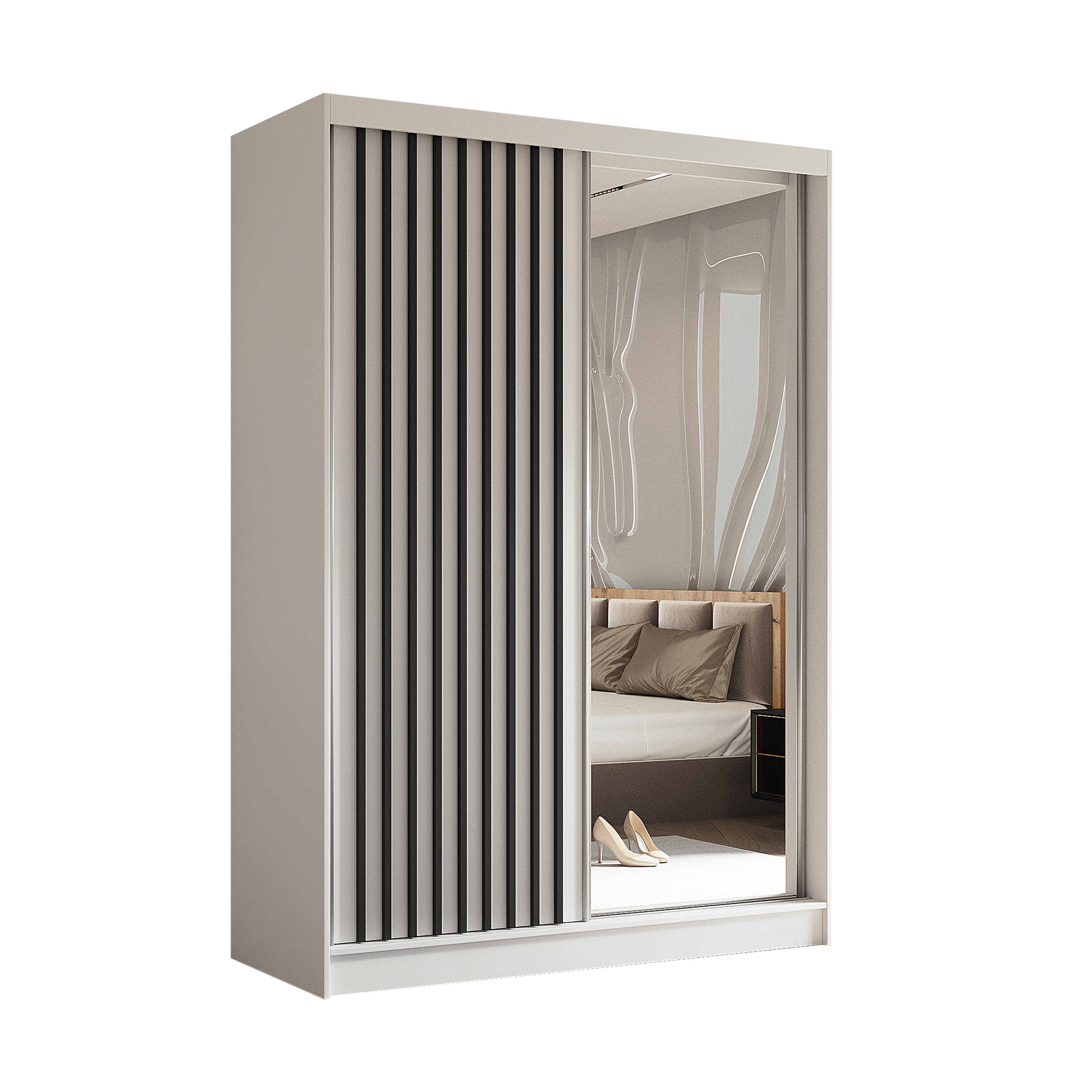 Wohnli Möbelsuche - SCHWEBETÜRENSCHRANK Cabinio Weiß Schwarz 150/216/61 cm – mit Spiegel und Lamellen