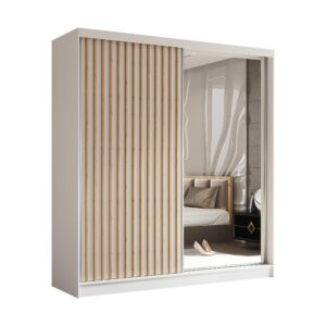 wohnli-moebel-suche-800001124287 Wohnli Möbelsuche - SCHWEBETÜRENSCHRANK Cabinio Weiß Eiche Artisan 200/216/61 cm – mit Spiegel und Lamellen