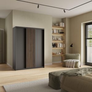 wohnli-moebel-suche-800001129342-1 SCHWEBETÜRENSCHRANK VONTE 150/205/60 cm 3-türig mit Lamellen Schwarz Holzwerkstoff MASSENO Möbel > Schränke > Kleiderschränke > Schwebetürenschränke Schwarz