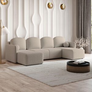 wohnli-moebel-suche-800001129349-1 WOHNLANDSCHAFT NUBERO Beige Boucle-Stoff mit Schlaffunktion Holz MASSENO Möbel > Sofas & Couches > Wohnlandschaften > Wohnlandschaften U-Form Beige