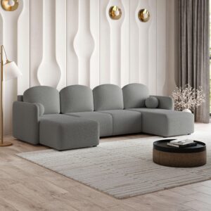 WOHNLANDSCHAFT NUBERO Grau Boucle-Stoff mit Schlaffunktion Holz MASSENO Möbel > Sofas & Couches > Wohnlandschaften > Wohnlandschaften U-Form Grau