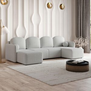 wohnli-moebel-suche-800001129371-1 WOHNLANDSCHAFT NUBERO Hellgrau Boucle-Stoff mit Schlaffunktion Holz MASSENO Möbel > Sofas & Couches > Wohnlandschaften > Wohnlandschaften U-Form Grau
