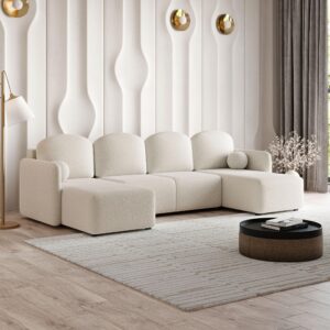 wohnli-moebel-suche-800001129389-1 WOHNLANDSCHAFT NUBERO Creme Boucle-Stoff mit Schlaffunktion Holz MASSENO Möbel > Sofas & Couches > Wohnlandschaften > Wohnlandschaften U-Form Weiß