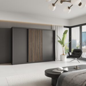wohnli-moebel-suche-800001129420-1 SCHWEBETÜRENSCHRANK VONTE 250/205/60 cm 3-türig mit Lamellen Schwarz Holzwerkstoff MASSENO Möbel > Schränke > Kleiderschränke > Schwebetürenschränke Schwarz