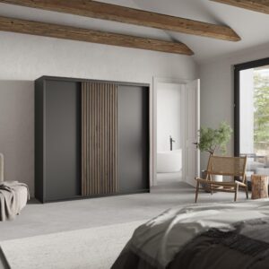 wohnli-moebel-suche-800001129439-1 SCHWEBETÜRENSCHRANK VONTE 180/205/60 cm 3-türig mit Lamellen Schwarz Holzwerkstoff MASSENO Möbel > Schränke > Kleiderschränke > Schwebetürenschränke Schwarz