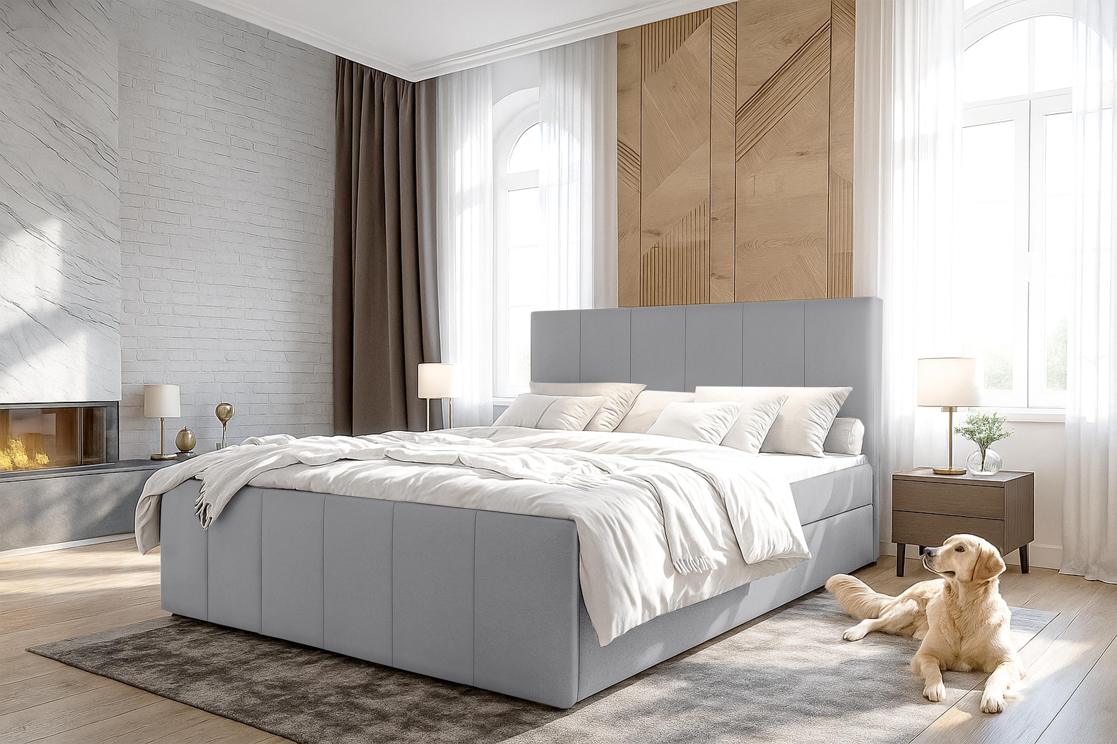 BOXBETT LEVENTE 180x200 cm mit Bettkasten und Matratze - Grau + TOPPER Textil AX Living Möbel > Betten > Boxspringbetten Grau