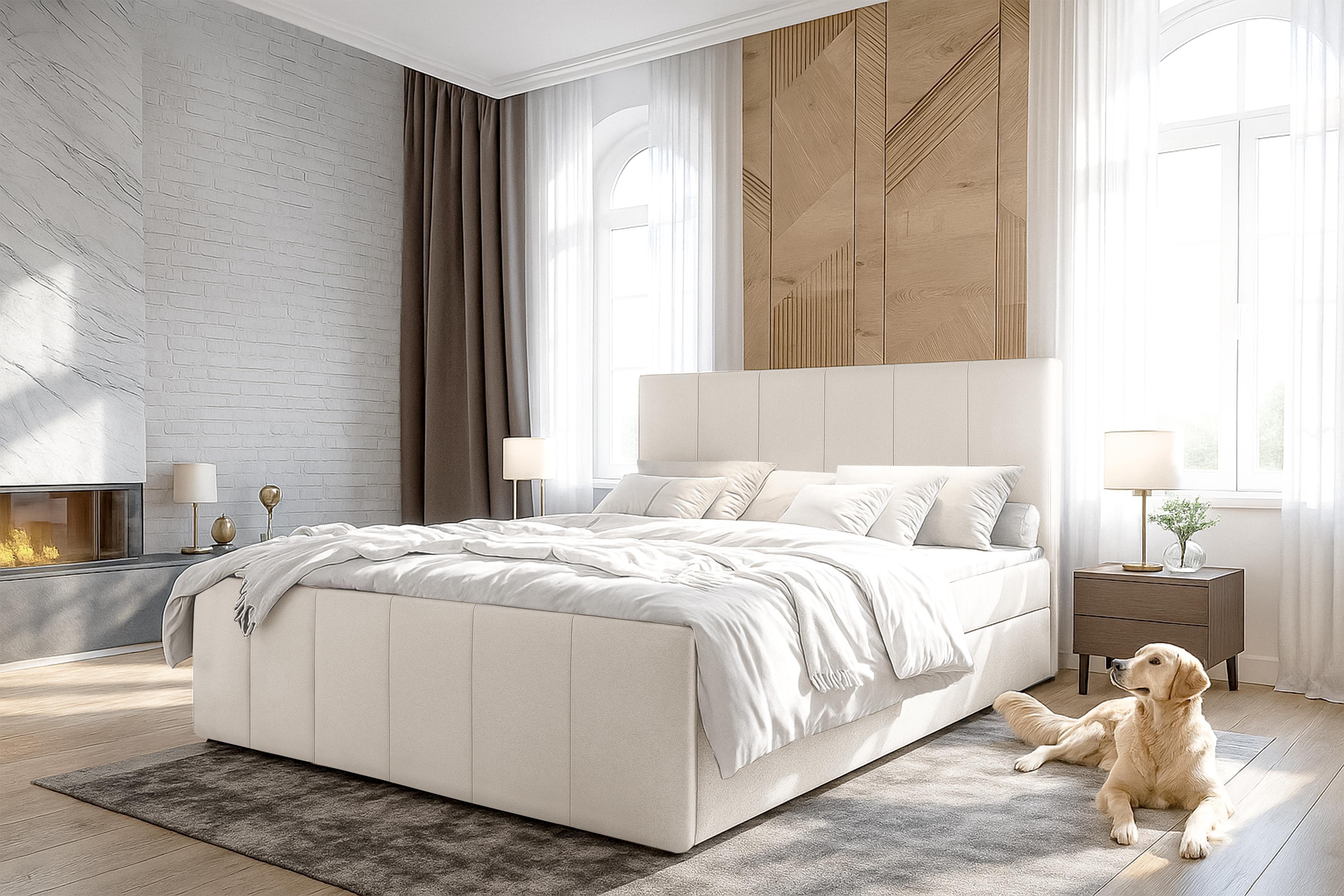 BOXBETT LEVENTE 160x200 cm mit Bettkasten und Matratze - Beige + TOPPER Textil AX Living Möbel > Betten > Boxspringbetten Beige