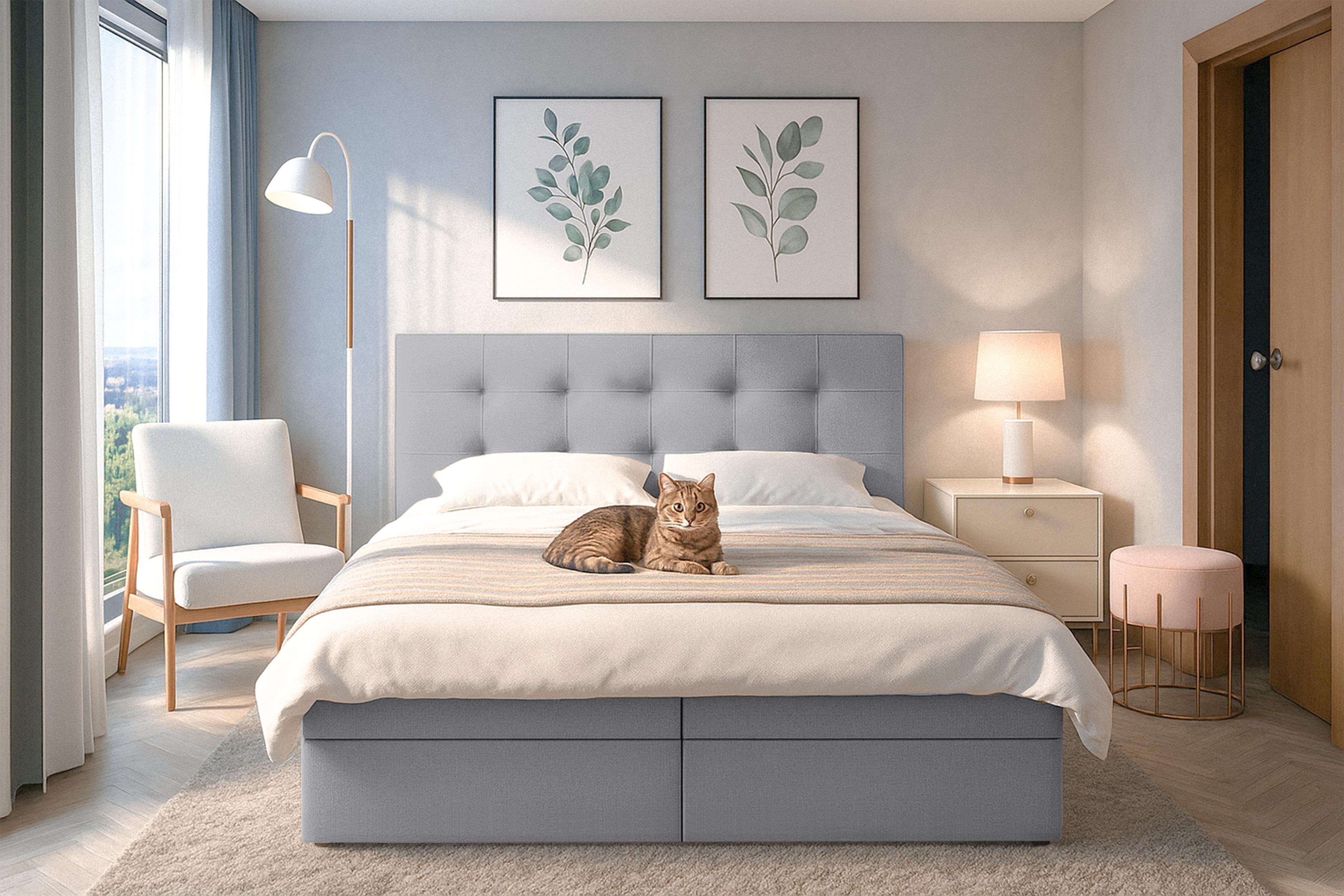 BOXBETT BELINAI 140x200 cm mit Bettkasten und Matratze - Grau + TOPPER Textil AX Living Möbel > Betten > Boxspringbetten Grau