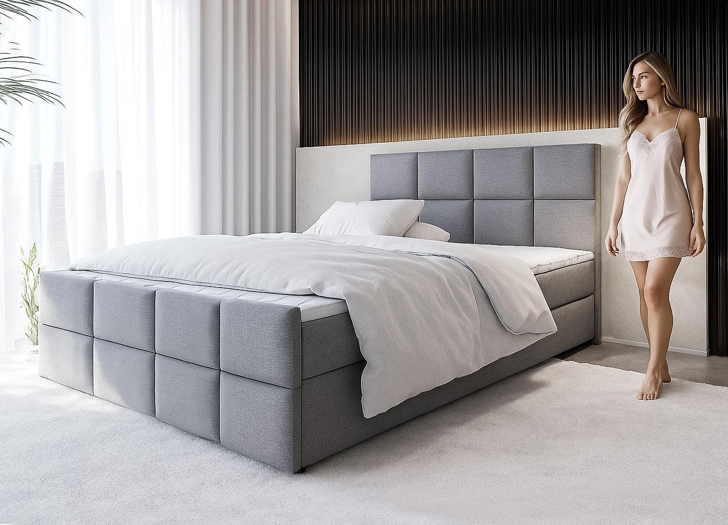 BOXBETT ALEYNA 180x200 cm mit Bettkasten und Matratze - Grau + TOPPER Textil AX Living Möbel > Betten > Boxspringbetten Grau
