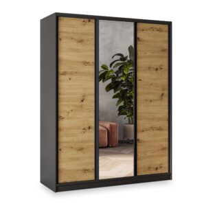 wohnli-moebel-suche-800001135336 Wohnli Möbelsuche - SCHWEBETÜRENSCHRANK SORE 150/205/58 cm 3-türig mit Spiegel und Schubladen Schwarz / Eiche Artisan