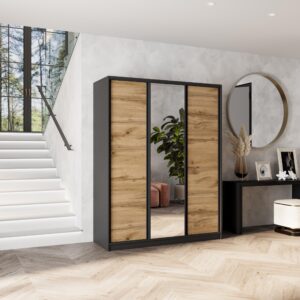 wohnli-moebel-suche-800001135341-1 SCHWEBETÜRENSCHRANK SORE 150/205/58 cm 3-türig mit Spiegel und Schubladen Schwarz / Eiche Wotan Holzwerkstoff MASSENO Möbel > Schränke > Kleiderschränke > Schwebetürenschränke Schwarz
