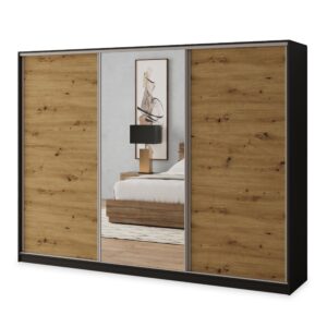 Wohnli Möbelsuche - SCHWEBETÜRENSCHRANK SORE 250/205/58 cm 3-türig mit Spiegel und Schubladen Schwarz / Eiche Artisan