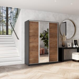 SCHWEBETÜRENSCHRANK SORE 150/205/58 cm 3-türig mit Spiegel und Schubladen Schwarz / Eiche Lefkas Holzwerkstoff MASSENO Möbel > Schränke > Kleiderschränke > Schwebetürenschränke Schwarz
