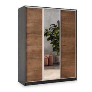 wohnli-moebel-suche-800001135385 Wohnli Möbelsuche - SCHWEBETÜRENSCHRANK SORE 150/205/58 cm 3-türig mit Spiegel und Schubladen Schwarz / Eiche Lefkas