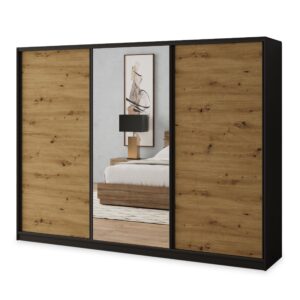 Wohnli Möbelsuche - SCHWEBETÜRENSCHRANK SORE 250/205/58 cm 3-türig mit Spiegel und Schubladen Schwarz / Eiche Artisan