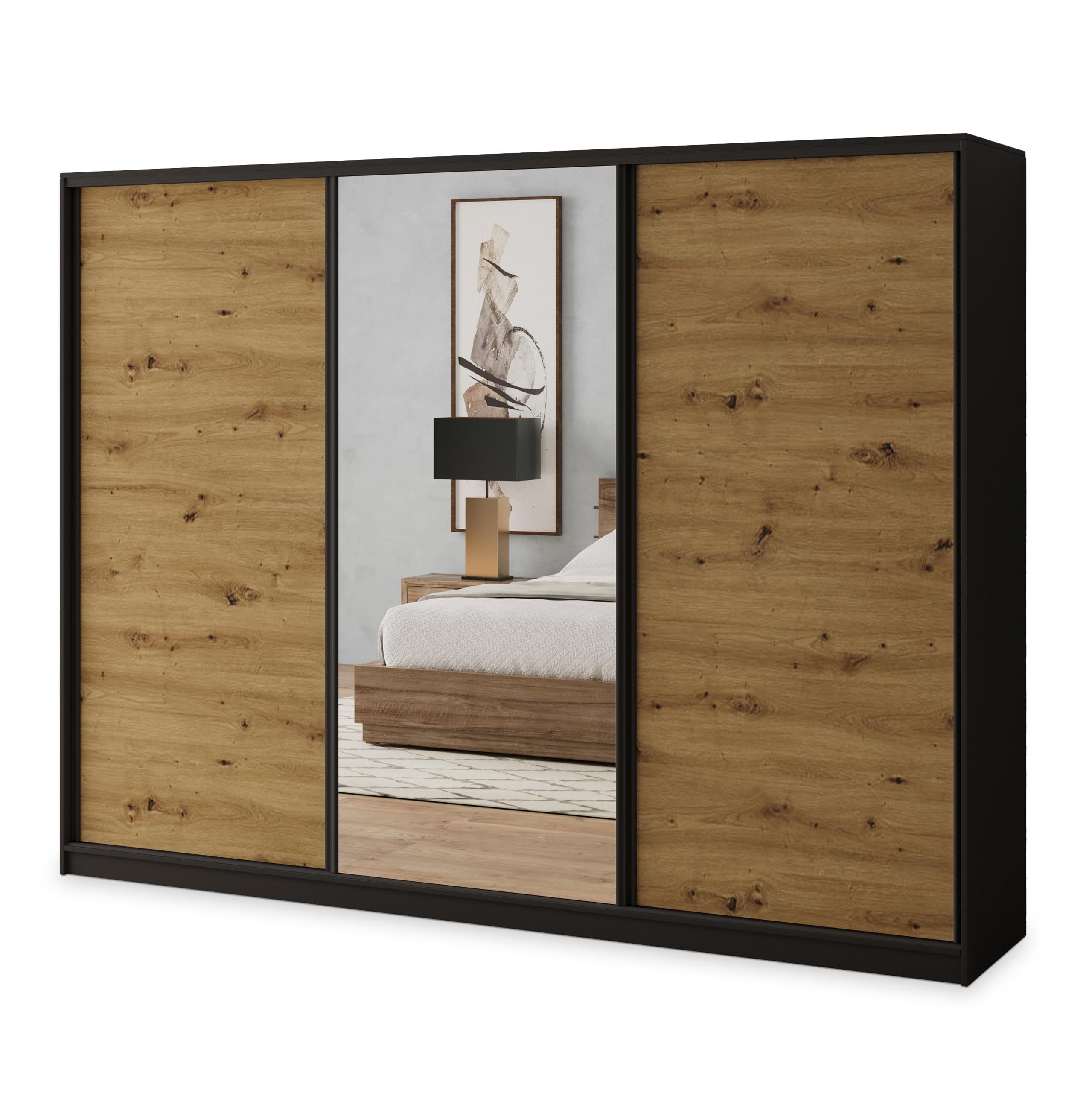 Wohnli Möbelsuche - SCHWEBETÜRENSCHRANK SORE 250/205/58 cm 3-türig mit Spiegel und Schubladen Schwarz / Eiche Artisan