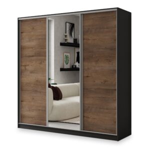 Wohnli Möbelsuche - SCHWEBETÜRENSCHRANK SORE 180/205/58 cm 3-türig mit Spiegel und Schubladen Schwarz / Eiche Lefkas