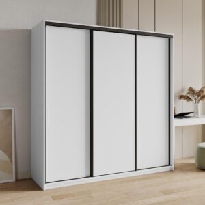 wohnli-moebel-suche-800001136305-1 SCHWEBETÜRENSCHRANK NISSE 180/205/60 cm 3-türig mit Schubladen Weiß Holzwerkstoff MASSENO Möbel > Schränke > Kleiderschränke > Schwebetürenschränke Weiß