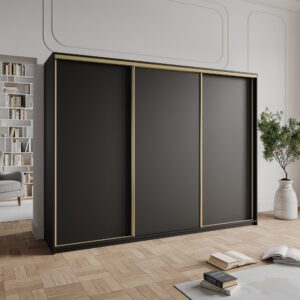 wohnli-moebel-suche-800001136309-1 SCHWEBETÜRENSCHRANK NISSE 250/205/60 cm 3-türig mit Schubladen Schwarz Holzwerkstoff MASSENO Möbel > Schränke > Kleiderschränke > Schwebetürenschränke Schwarz