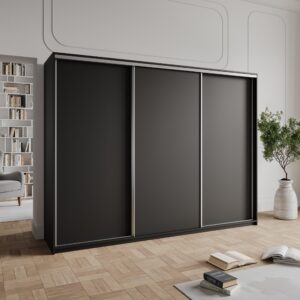 wohnli-moebel-suche-800001136331-1 SCHWEBETÜRENSCHRANK NISSE 250/205/60 cm 3-türig mit Schubladen Schwarz Holzwerkstoff MASSENO Möbel > Schränke > Kleiderschränke > Schwebetürenschränke Schwarz