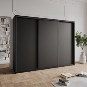 wohnli-moebel-suche-800001136351-1 SCHWEBETÜRENSCHRANK NISSE 250/205/60 cm 3-türig mit Schubladen Schwarz Holzwerkstoff MASSENO Möbel > Schränke > Kleiderschränke > Schwebetürenschränke Schwarz