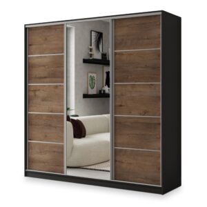 wohnli-moebel-suche-800001137000 Wohnli Möbelsuche - SCHWEBETÜRENSCHRANK NATA 180/205/58 cm 3-türig mit Spiegel und Schubladen Schwarz / Eiche Lefkas