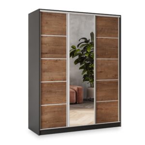 wohnli-moebel-suche-800001137001 Wohnli Möbelsuche - SCHWEBETÜRENSCHRANK NATA 150/205/58 cm 3-türig mit Spiegel und Schubladen Schwarz / Eiche Lefkas