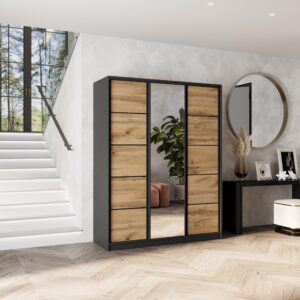 wohnli-moebel-suche-800001137003-1 SCHWEBETÜRENSCHRANK NATA 150/205/58 cm 3-türig mit Spiegel und Schubladen Schwarz / Eiche Wotan Holzwerkstoff MASSENO Möbel > Schränke > Kleiderschränke > Schwebetürenschränke Schwarz