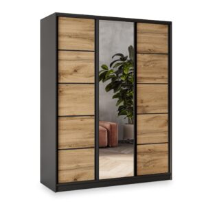 wohnli-moebel-suche-800001137003 Wohnli Möbelsuche - SCHWEBETÜRENSCHRANK NATA 150/205/58 cm 3-türig mit Spiegel und Schubladen Schwarz / Eiche Wotan