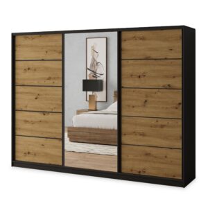 wohnli-moebel-suche-800001137004 Wohnli Möbelsuche - SCHWEBETÜRENSCHRANK NATA 235/205/58 cm 3-türig mit Spiegel und Schubladen Schwarz / Eiche Artisan