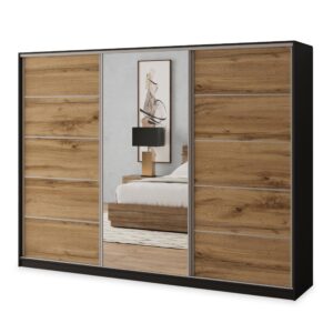 wohnli-moebel-suche-800001137006 Wohnli Möbelsuche - SCHWEBETÜRENSCHRANK NATA 250/205/58 cm 3-türig mit Spiegel und Schubladen Schwarz / Eiche Wotan