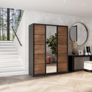 wohnli-moebel-suche-800001137007-1 SCHWEBETÜRENSCHRANK NATA 150/205/58 cm 3-türig mit Spiegel und Schubladen Schwarz / Eiche Lefkas Holzwerkstoff MASSENO Möbel > Schränke > Kleiderschränke > Schwebetürenschränke Schwarz