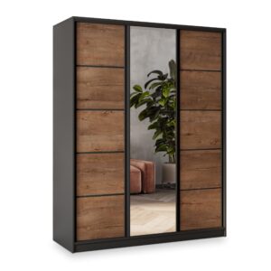 wohnli-moebel-suche-800001137007 Wohnli Möbelsuche - SCHWEBETÜRENSCHRANK NATA 150/205/58 cm 3-türig mit Spiegel und Schubladen Schwarz / Eiche Lefkas