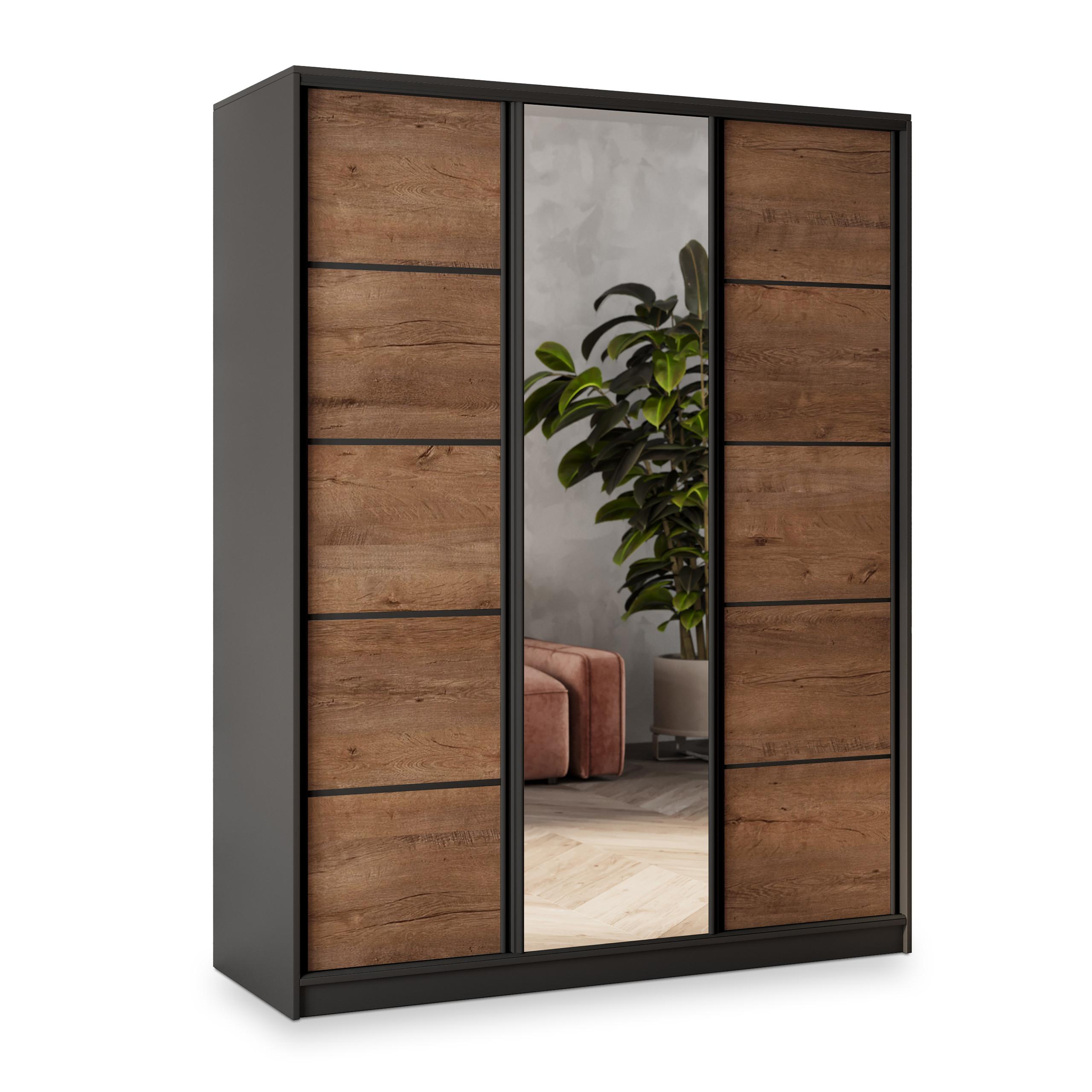 wohnli-moebel-suche-800001137007 Wohnli Möbelsuche - SCHWEBETÜRENSCHRANK NATA 150/205/58 cm 3-türig mit Spiegel und Schubladen Schwarz / Eiche Lefkas