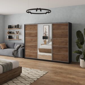 wohnli-moebel-suche-800001137008-1 SCHWEBETÜRENSCHRANK NATA 235/205/58 cm 3-türig mit Spiegel und Schubladen Schwarz / Eiche Lefkas Holzwerkstoff MASSENO Möbel > Schränke > Kleiderschränke > Schwebetürenschränke Schwarz
