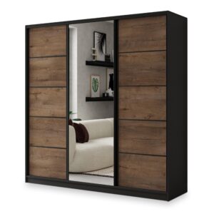 wohnli-moebel-suche-800001137009 Wohnli Möbelsuche - SCHWEBETÜRENSCHRANK NATA 180/205/58 cm 3-türig mit Spiegel und Schubladen Schwarz / Eiche Lefkas