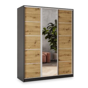 wohnli-moebel-suche-800001137011 Wohnli Möbelsuche - SCHWEBETÜRENSCHRANK NATA 150/205/58 cm 3-türig mit Spiegel und Schubladen Schwarz / Eiche Artisan