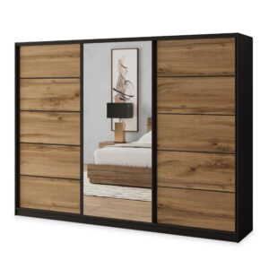 wohnli-moebel-suche-800001137013 Wohnli Möbelsuche - SCHWEBETÜRENSCHRANK NATA 235/205/58 cm 3-türig mit Spiegel und Schubladen Schwarz / Eiche Wotan