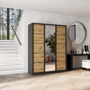 wohnli-moebel-suche-800001137032-1 SCHWEBETÜRENSCHRANK NATA 150/205/58 cm 3-türig mit Spiegel und Schubladen Schwarz / Eiche Artisan Holzwerkstoff MASSENO Möbel > Schränke > Kleiderschränke > Schwebetürenschränke Schwarz