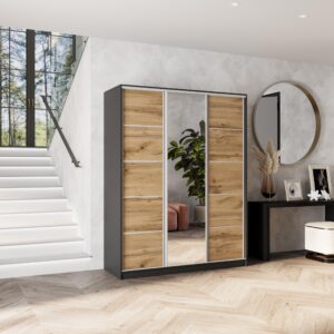 wohnli-moebel-suche-800001137034-1 SCHWEBETÜRENSCHRANK NATA 150/205/58 cm 3-türig mit Spiegel und Schubladen Schwarz / Eiche Wotan Holzwerkstoff MASSENO Möbel > Schränke > Kleiderschränke > Schwebetürenschränke Schwarz