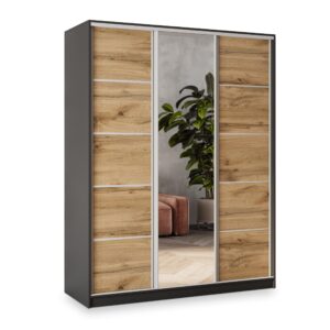 wohnli-moebel-suche-800001137034 Wohnli Möbelsuche - SCHWEBETÜRENSCHRANK NATA 150/205/58 cm 3-türig mit Spiegel und Schubladen Schwarz / Eiche Wotan