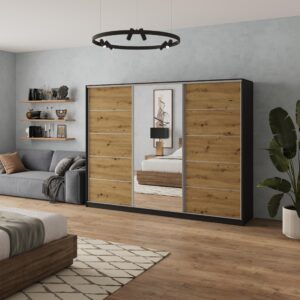wohnli-moebel-suche-800001137040-1 SCHWEBETÜRENSCHRANK NATA 250/205/58 cm 3-türig mit Spiegel und Schubladen Schwarz / Eiche Artisan Holzwerkstoff MASSENO Möbel > Schränke > Kleiderschränke > Schwebetürenschränke Schwarz