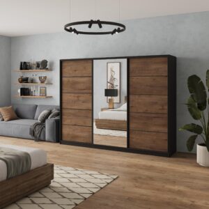 wohnli-moebel-suche-800001137043-1 SCHWEBETÜRENSCHRANK NATA 235/205/58 cm 3-türig mit Spiegel und Schubladen Schwarz / Eiche Lefkas Holzwerkstoff MASSENO Möbel > Schränke > Kleiderschränke > Schwebetürenschränke Schwarz