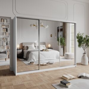 wohnli-moebel-suche-800001137745-1 SCHWEBETÜRENSCHRANK RIEN 250/205/60 cm 3-türig mit Spiegel und Schubladen Weiß Holzwerkstoff MASSENO Möbel > Schränke > Kleiderschränke > Schwebetürenschränke Weiß
