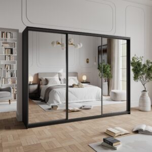 wohnli-moebel-suche-800001137754-1 SCHWEBETÜRENSCHRANK RIEN 250/205/60 cm 3-türig mit Spiegel und Schubladen Schwarz Holzwerkstoff MASSENO Möbel > Schränke > Kleiderschränke > Schwebetürenschränke Schwarz