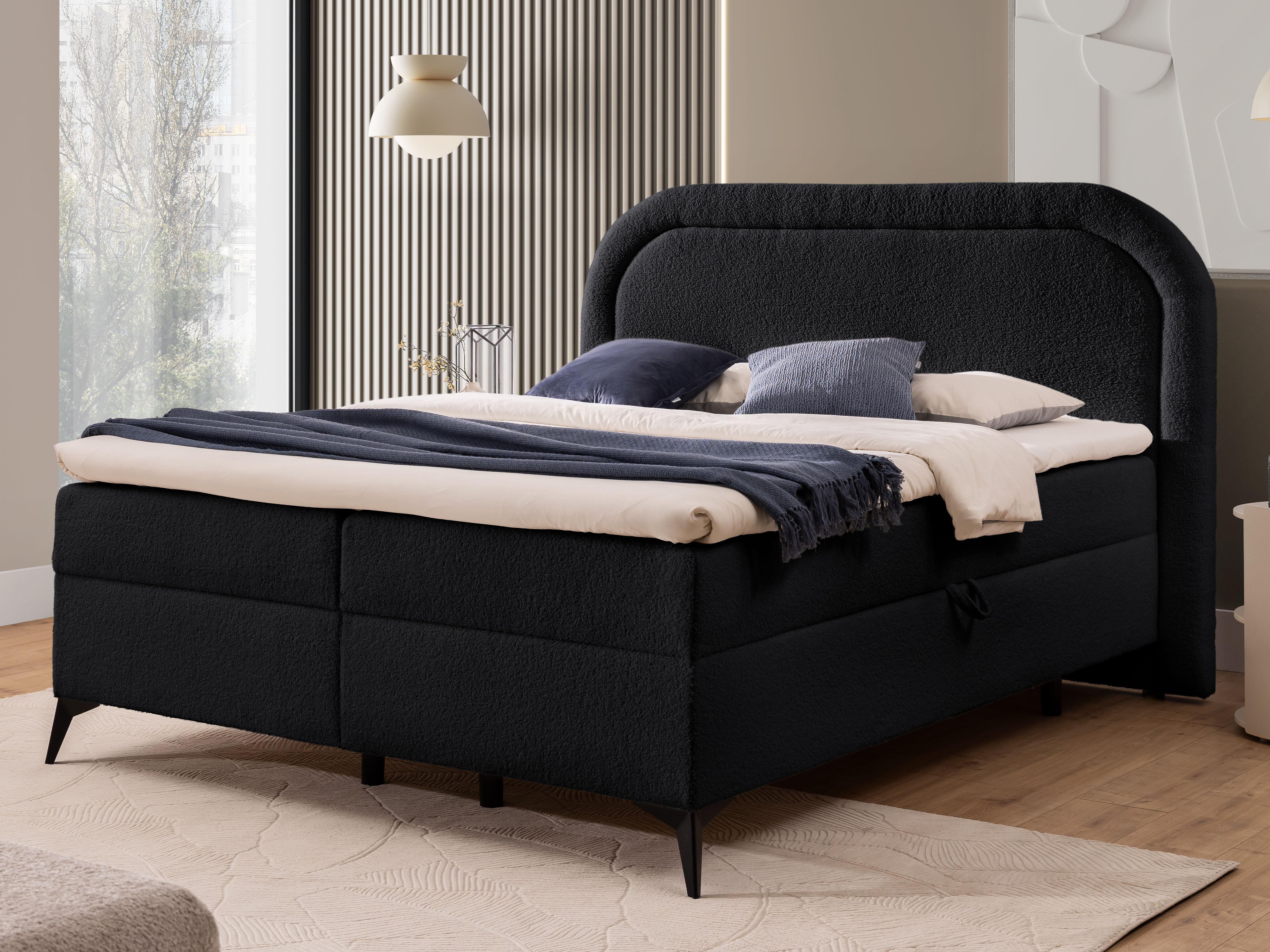 wohnli-moebel-suche-800001138601-1 BOXBETT Sonna 180/200 cm Schwarz Bouclé-Stoff mit abgerundetem Kopfteil und mit schwarzen Metallfüßen Textil S-Style Möbel Möbel > Betten > Boxspringbetten Schwarz