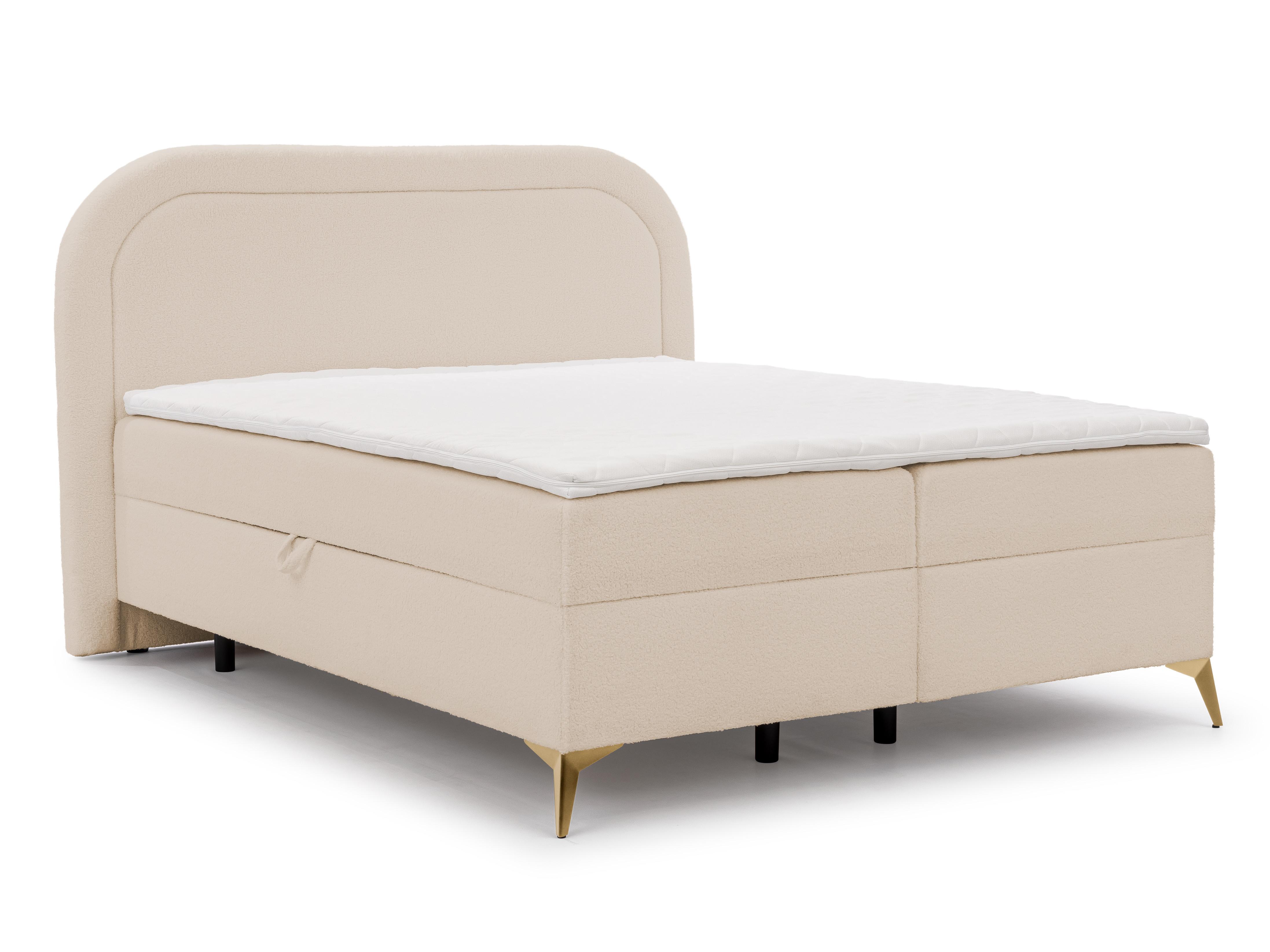 wohnli-moebel-suche-800001138615 Wohnli Möbelsuche - BOXBETT Sonna 200/200 cm Hellbeige Bouclé-Stoff mit abgerundetem Kopfteil und mit goldenen Metallfüße