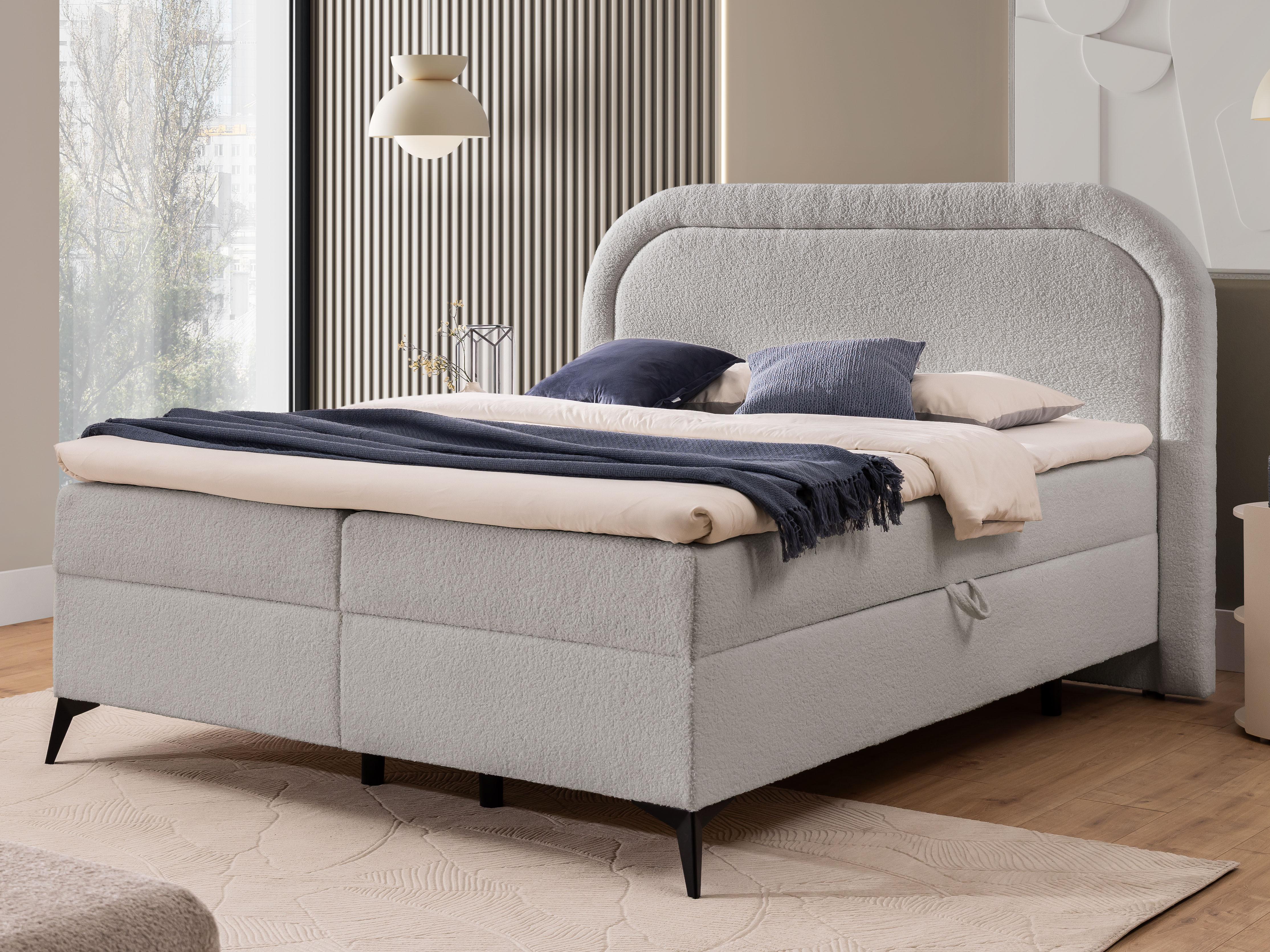 wohnli-moebel-suche-800001138620-1 BOXBETT Sonna 160/200 cm Hellgrau Bouclé-Stoff mit abgerundetem Kopfteil und mit schwarzen Metallfüße Textil S-Style Möbel Möbel > Betten > Boxspringbetten Grau